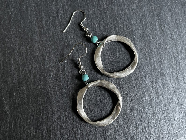 Turquoise Silver Boho Earrings, Long Drop, Hoop, Ethnic, Tribal, Hippie, Gypsy, Bohemian, Gift, UK image 1