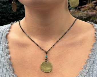 Bronze Boho Necklace, Turquoise, Ethnic, Bohemian Mandala Statement Pendant Large UK