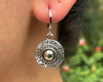 Round Boho  Earrings, Silver Disc, Bohemian, Ethnic, Boho, Tribal, Mandala, Hypoallergenic, Sterling Silver, UK