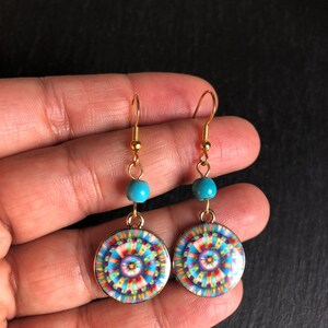 Rainbow Mandala Round Gold, Boho Earrings Turquoise, Tribal, Ethnic, Bohemian, Gypsy, Festival, 14K Gold, Light, UK image 2