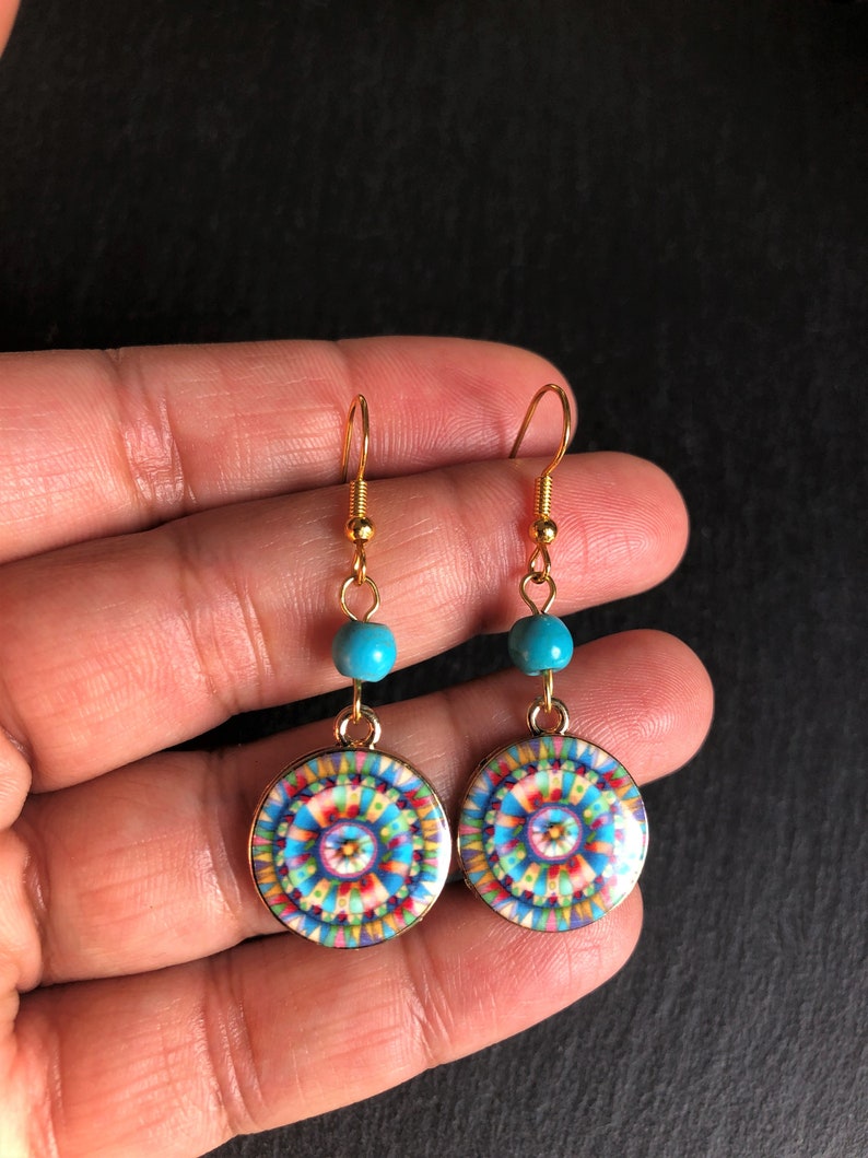 Rainbow Mandala Round Gold, Boho Earrings Turquoise, Tribal, Ethnic, Bohemian, Gypsy, Festival, 14K Gold, Light, UK image 2