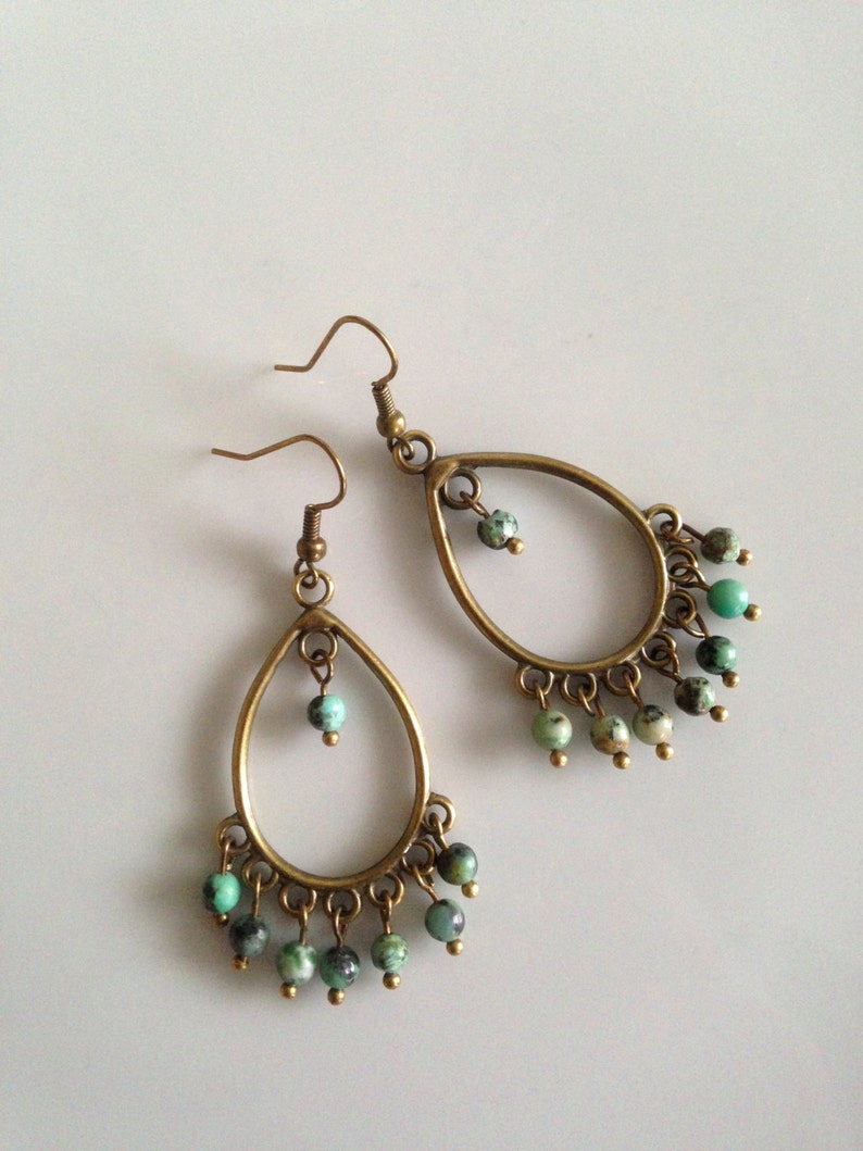 Bronze Boho Earrings, African Turquoise, Ethnic, Bohemian, Chandelier, Tribal image 4