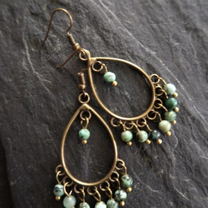 Bronze Boho Earrings, African Turquoise, Ethnic, Bohemian, Chandelier, Tribal image 6