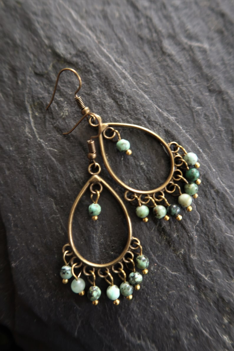 Bronze Boho Earrings, African Turquoise, Ethnic, Bohemian, Chandelier, Tribal image 6