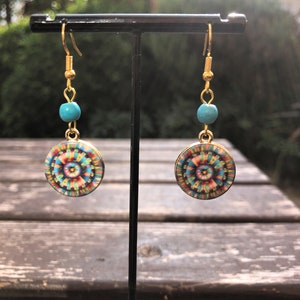 Rainbow Mandala Round Gold, Boho Earrings Turquoise, Tribal, Ethnic, Bohemian, Gypsy, Festival, 14K Gold, Light, UK image 5