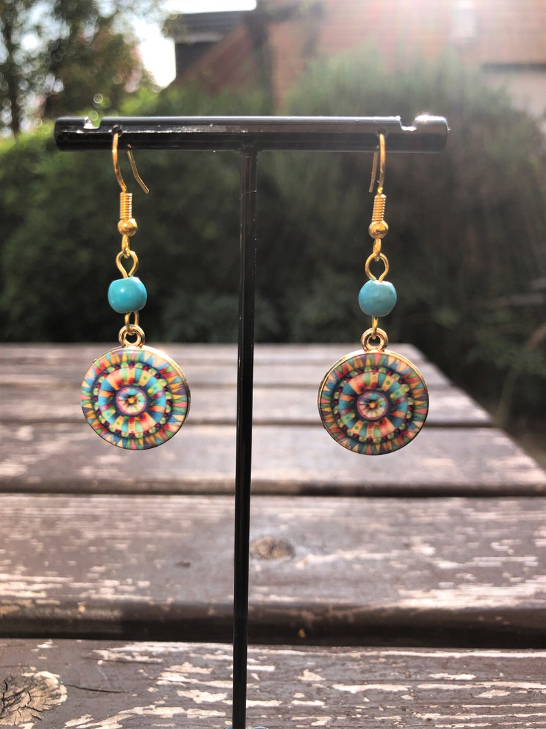 Rainbow Mandala Round Gold, Boho Earrings Turquoise, Tribal, Ethnic, Bohemian, Gypsy, Festival, 14K Gold, Light, UK image 5