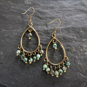 Bronze Boho Earrings, African Turquoise, Ethnic, Bohemian, Chandelier, Tribal image 8