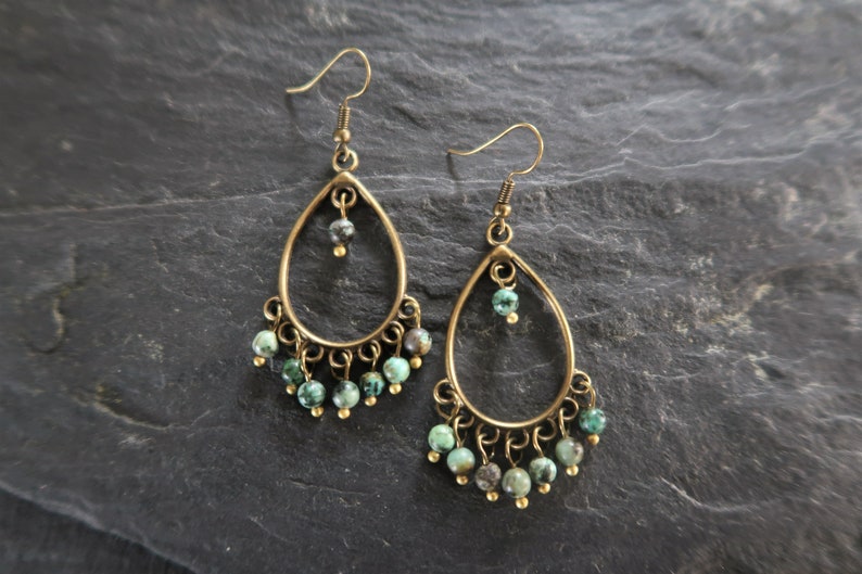 Bronze Boho Earrings, African Turquoise, Ethnic, Bohemian, Chandelier, Tribal image 8