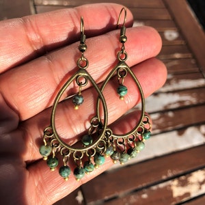 Bronze Boho Earrings, African Turquoise, Ethnic, Bohemian, Chandelier, Tribal image 2