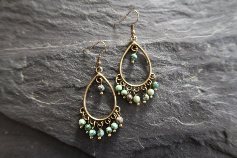 Bronze Boho Earrings, African Turquoise, Ethnic, Bohemian, Chandelier, Tribal image 5