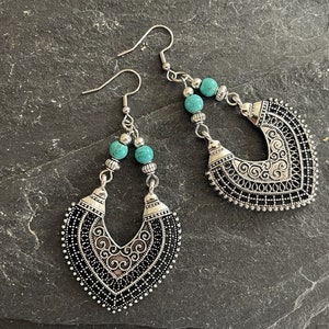 Boho Heart Earrings, Turquoise, Ethnic, Bohemian Mandala Statement Pendant Large UK