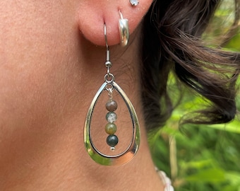 Large Boho Silver Earrings, Hoops, Indian Agate, Bead Drop, Green Silver UK