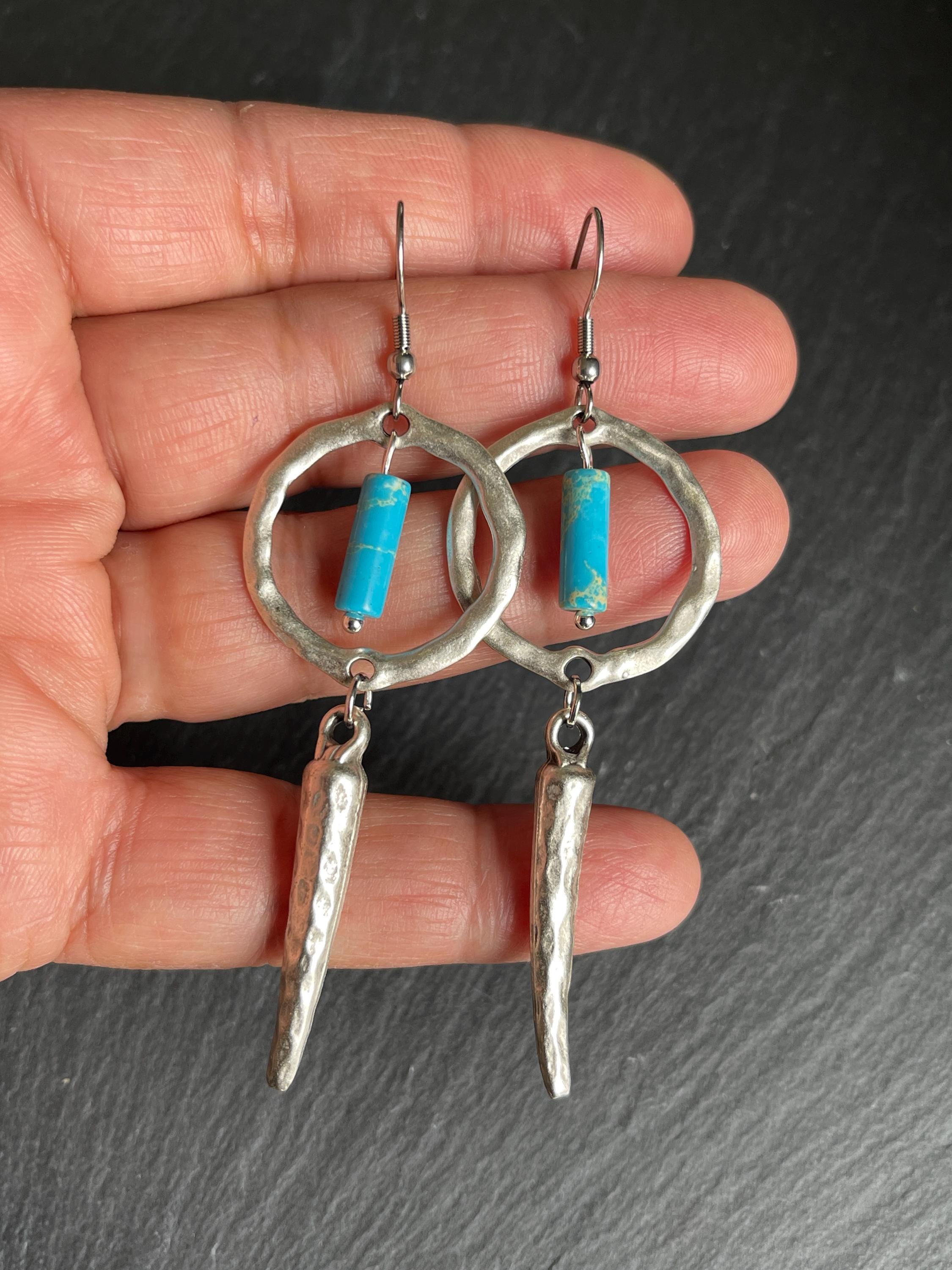 Orecchini Pendenti Boho Turchese A Cerchio – Fiore Vintage In Lega D'Argento – Gioielli Donna - 2