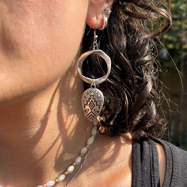 Boho Earrings Silver Twisted Hoop , Aztec, Chandelier, Ethnic, Tribal, Hippie, Gypsy, Bohemian, Hypoallergenic, UK