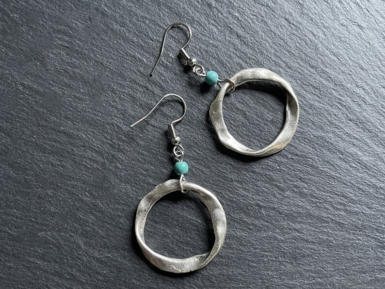 Turquoise Silver Boho Earrings, Long Drop, Hoop, Ethnic, Tribal, Hippie, Gypsy, Bohemian, Gift, UK image 7