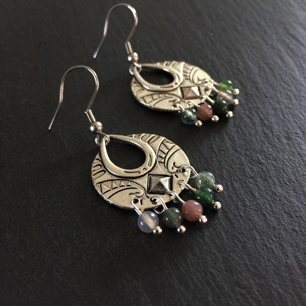 Green Boho Earrings, Silver Aztec Dangle, Ethnic, Chandeliers, Bohemian, Festival, Tribal earrings, Hypoallergenic, Sterling Silver