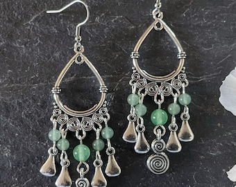 Boho Earrings Long Drop Dangle Chandelier Green Tribal Hoop  Spiral Bohemian Gypsy Ethnic Festival Hypoallergenic Sterling Silver UK