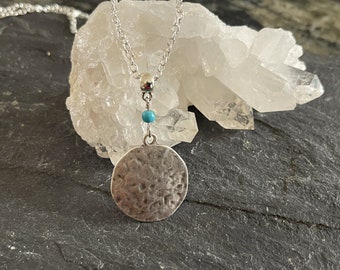 Silver Boho Necklace, Turquoise, Ethnic, Bohemian Hammered Mandala Statement Pendant Large UK