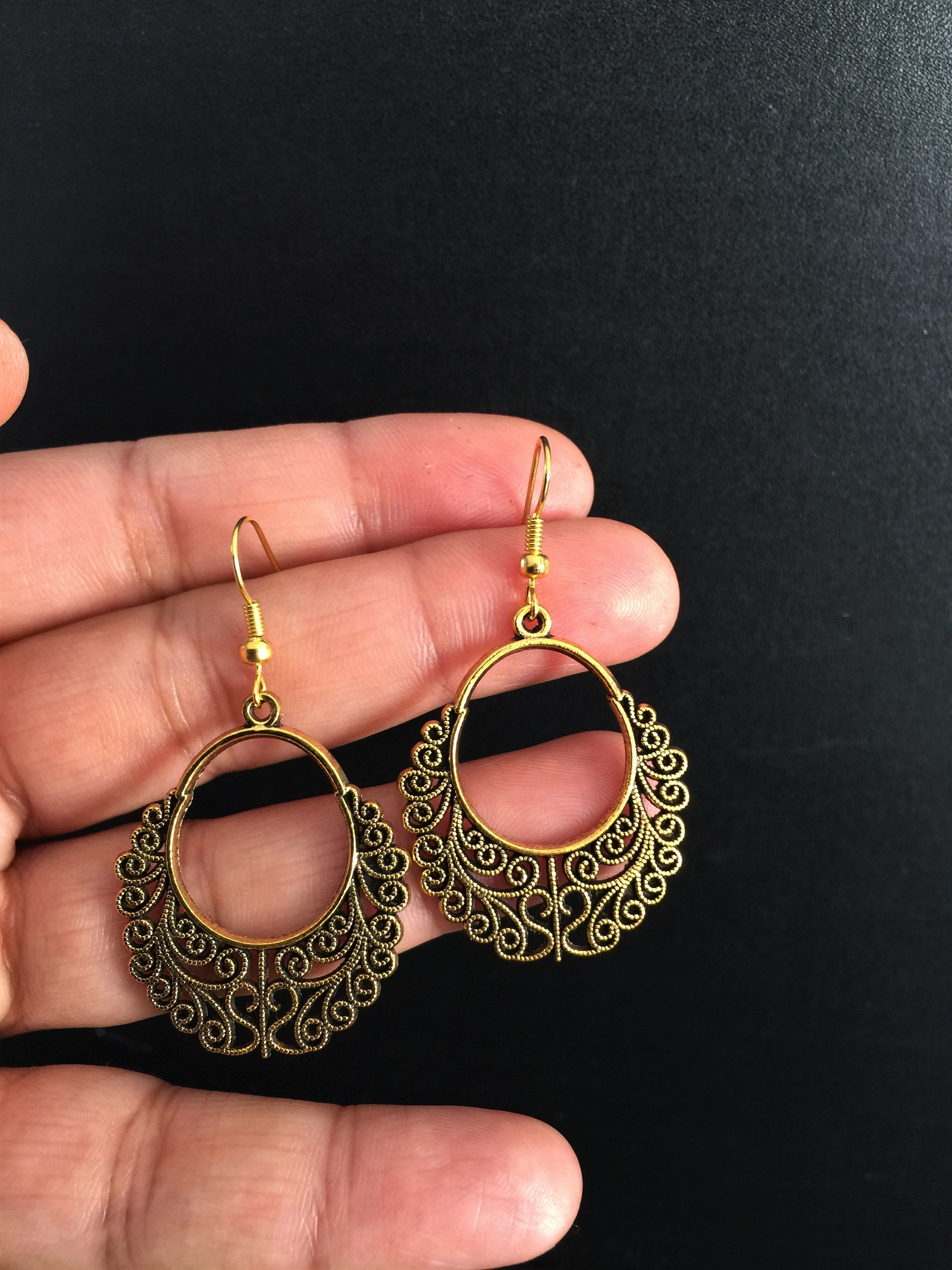 Orecchini Cerchio Grandi Stile Boho – Filigrana Fiore, Tono Oro, Zingaro, A Goccia, Per Donna, Forati