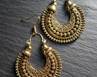 Boho Earrings, Bohemian, Tribal, Gypsy, Ethnic, Gold Long Drop Dangle, Hypoallergenic, 14K gold