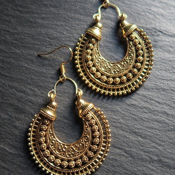 Boho Earrings, Bohemian, Tribal, Gypsy, Ethnic, Gold Long Drop Dangle, Hypoallergenic, 14K gold