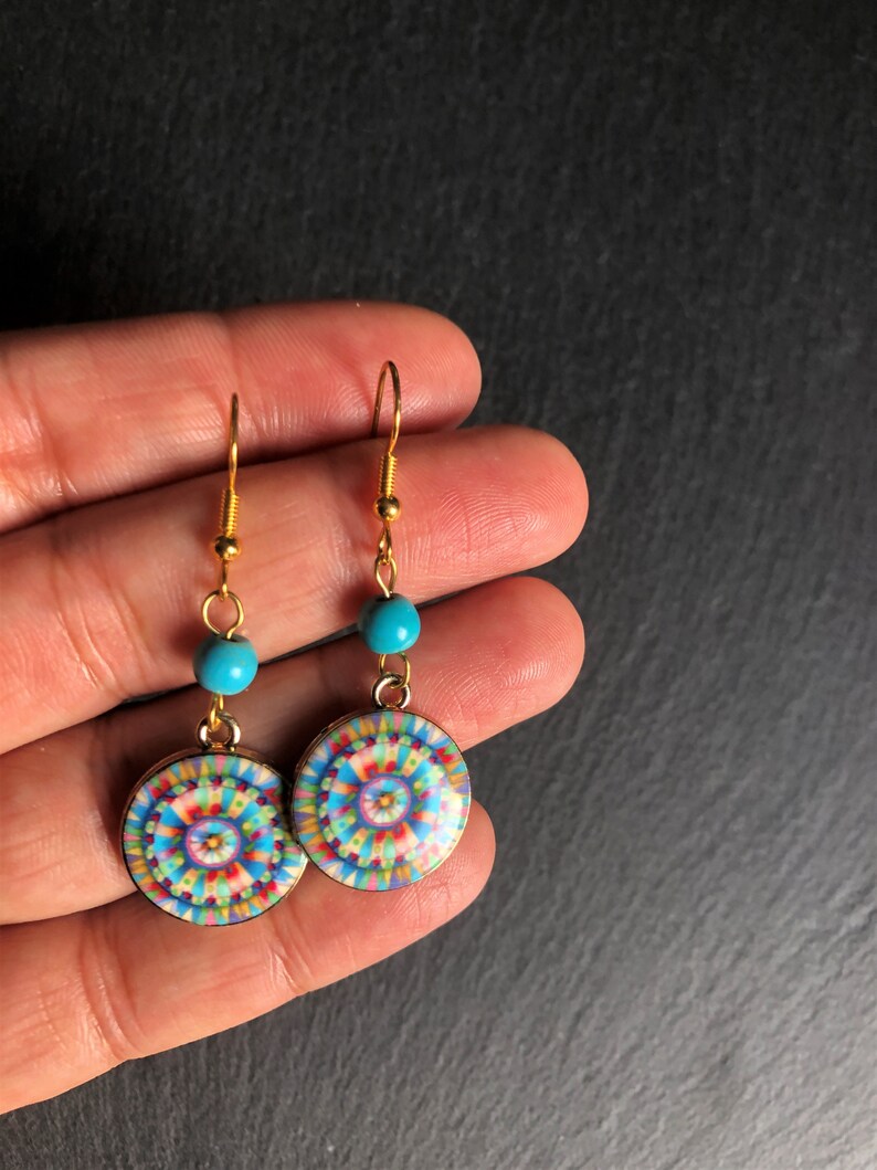 Rainbow Mandala Round Gold, Boho Earrings Turquoise, Tribal, Ethnic, Bohemian, Gypsy, Festival, 14K Gold, Light, UK image 6