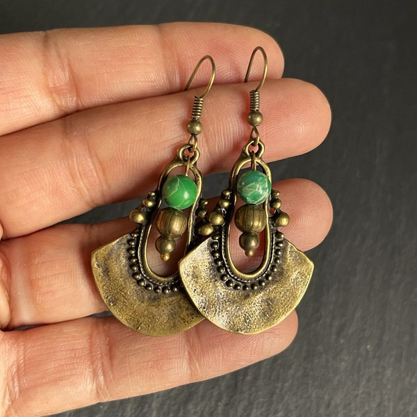 Boho Necklace Earrings Set, Bronze, Jasper, Long Drop, Hoop, Ethnic, Tribal, Hippie, Gypsy, Bohemian, Gift, UK