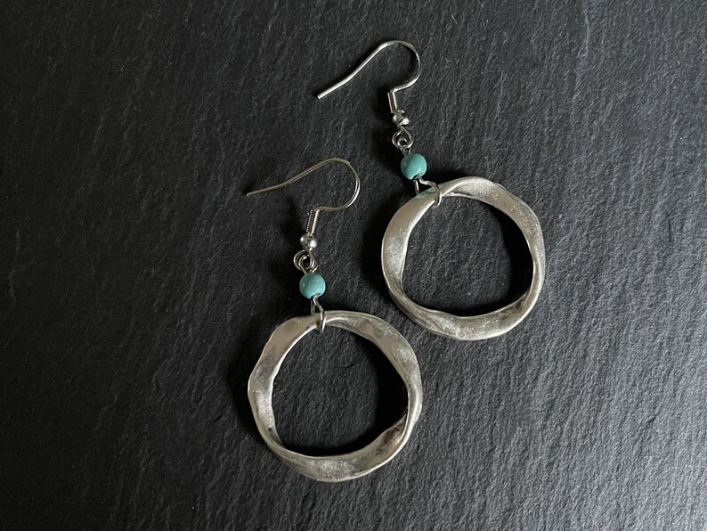 Turquoise Silver Boho Earrings, Long Drop, Hoop, Ethnic, Tribal, Hippie, Gypsy, Bohemian, Gift, UK image 4