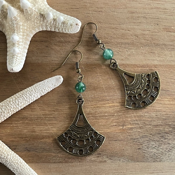 Boho Bronze Earrings, Green Long Drop, Hoop, Ethnic, Tribal, Hippie, Gypsy, Bohemian, Gift, UK