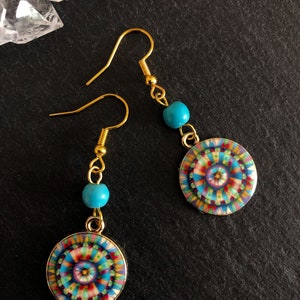 Rainbow Mandala Round Gold, Boho Earrings Turquoise, Tribal, Ethnic, Bohemian, Gypsy, Festival, 14K Gold, Light, UK image 7