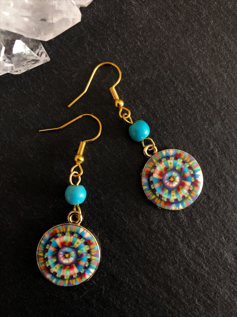 Rainbow Mandala Round Gold, Boho Earrings Turquoise, Tribal, Ethnic, Bohemian, Gypsy, Festival, 14K Gold, Light, UK image 7