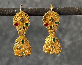 Tribal Boho Gold Earrings, Ethnic, Jhumke, Jhumky, Jhumka, Bohemian, Festival, Tribal, Gypsy, Hippy, Red, Green Hypoallergenic