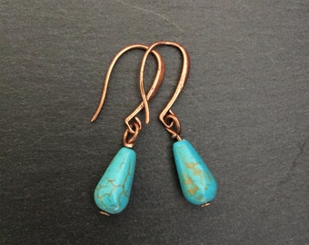 Boucles d’oreilles turquoise, Boucles d’oreilles en cuivre, Bijoux turquoise, Rustique, Boho, Ethnique, Hippie, Festival