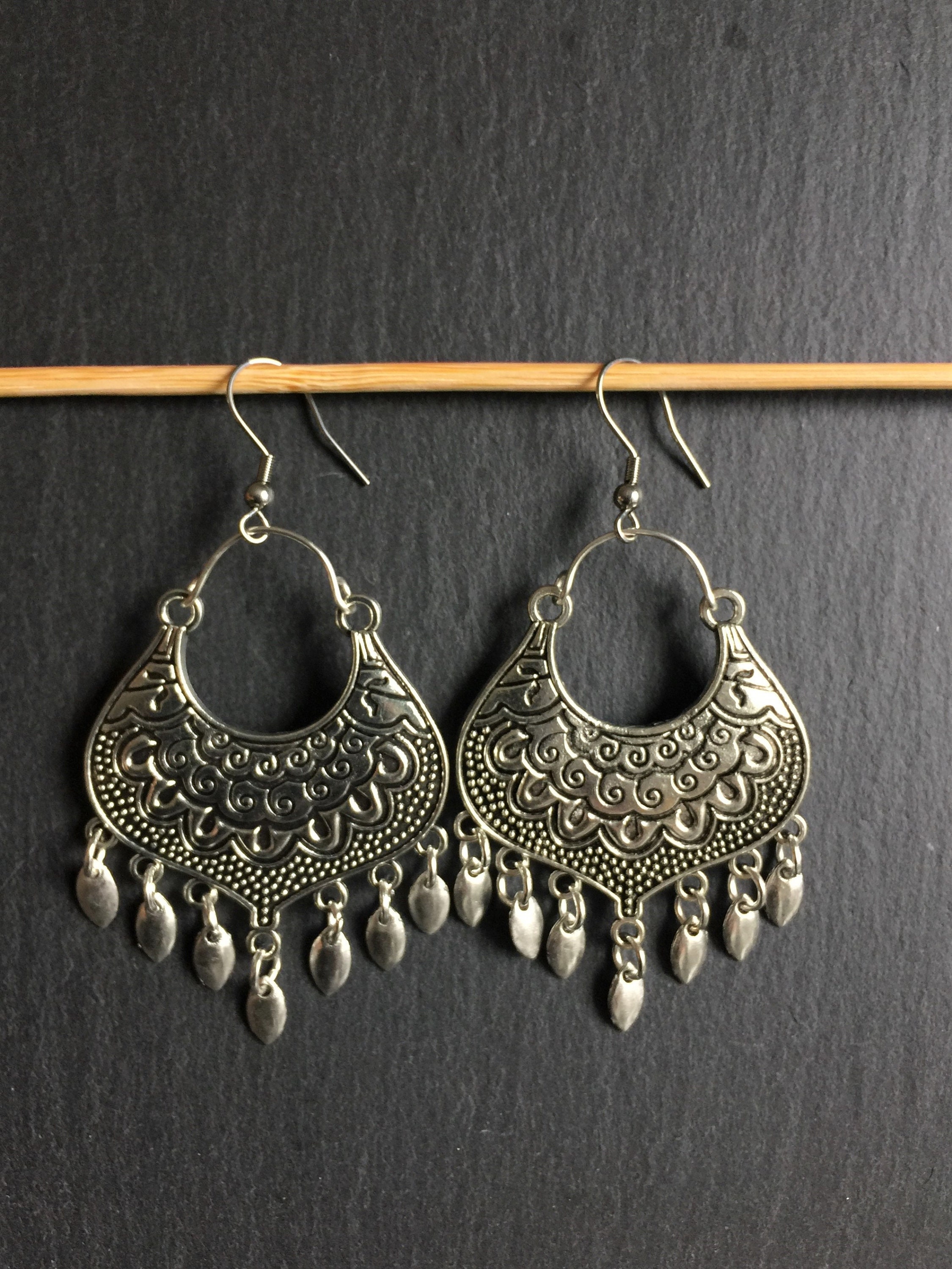 HIPPY ANTIQUE SILVER EARRINGS BEAUTIFUL DESIGN WITH COINS GYPSY INDIAN NEW 
