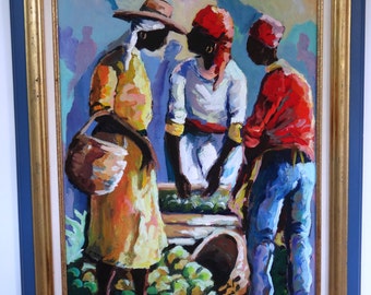 Errol Allen, Oil Painting on Canvas, Famous Jamaican Painter, African American Art, Creole Market Scene, Caribbean Islands, Jamaica,