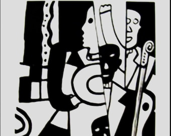 Fernand Léger, black and white poster, musicians and instruments, Jazz, black is a color, cubism, modernism, reproduction,