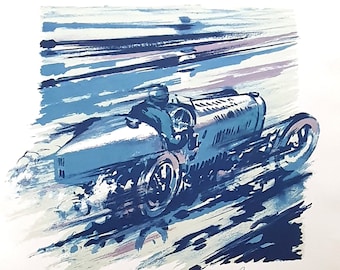 Vintage Bugatti Type 35 Racing Car Lithograph Poster, Capturing Speed and Motorsport Elegance