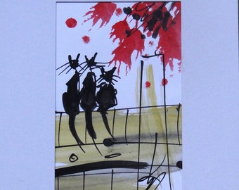 Original Watercolor Painting Black Cats Red Abstract, Signed 3 Cats by Rouslam Botiev