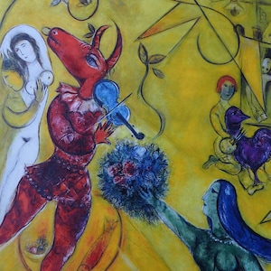Marc Chagall, La Danza, Cartel del museo, música y violín, pareja y criatura híbrida, mujer con ramo, pintor surrealista,