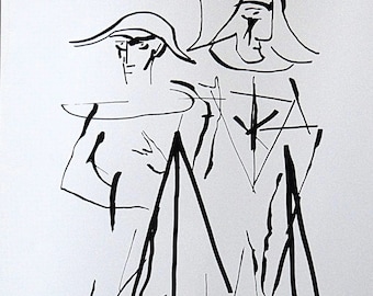 Original Signed Lithograph Júlio Pomar - The 2 Harlequins - Vintage Portuguese Modern Art Black and White