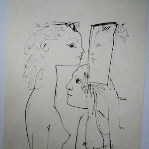 Pablo Picasso, pen drawing, young girl looking in a mirror, loving gaze of partner, the woman and her mirror, offset print,