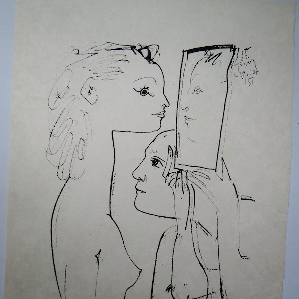 Pablo Picasso, dessin à la plume, Suis-je la plus belle ?  regard amoureux du partenaire, la femme et son miroir, idée cadeau