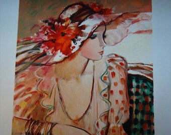 Sachiko Imai Original Signed Lithograph "Evening Wear" – Artist's Proof, Vintage Woman Portrait in Hat, Elegant Fashion Wall Art