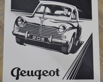 Vintage Peugeot 203 Poster - French Classic Car Lithograph Print, Retro Automotive Wall Art Decor