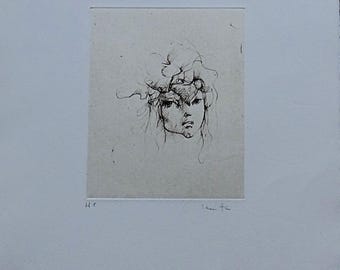 Leonor Fini Signed Original Etching Portrait of Caroline Surrealist Face Sketch