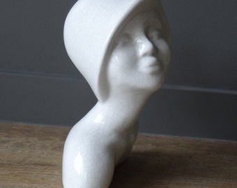 Vintage Art Deco Bust Woman Cloche Hat Cracked Glaze 1920s 1930s European Earthenware Sculpture Flapper Era Decor