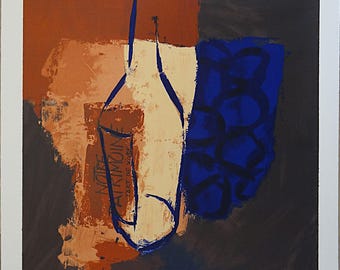 Signed Lithograph Print | Abstract Wine Bottle Art Orange Blue | French Heritage Notaries Congress | L'Art de Vivre Vintage Wall Decor