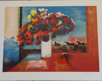 Original Signed Paul Guiramand Lithograph - Red Violin, Book, Flowers & Horses E/A Proof