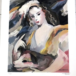 Marie Laurencin, signed interpretation lithograph, young girl and her dog, portrait and decoration for a little girl&#39;s bedroom,