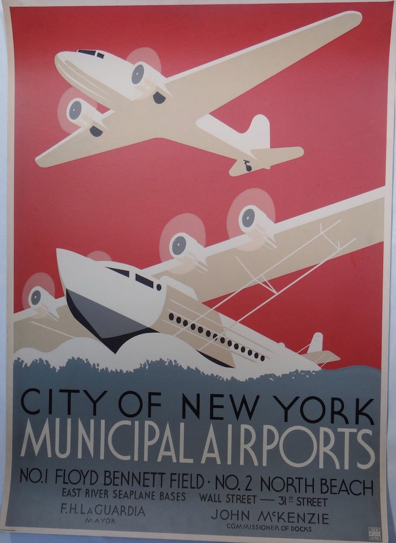 Vintage Lithograph Poster New York City Municipal Airports Etsy
